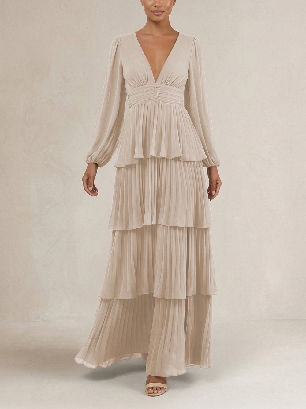 Long Tiered Pleated V-Neck Maxi Dress — Beige